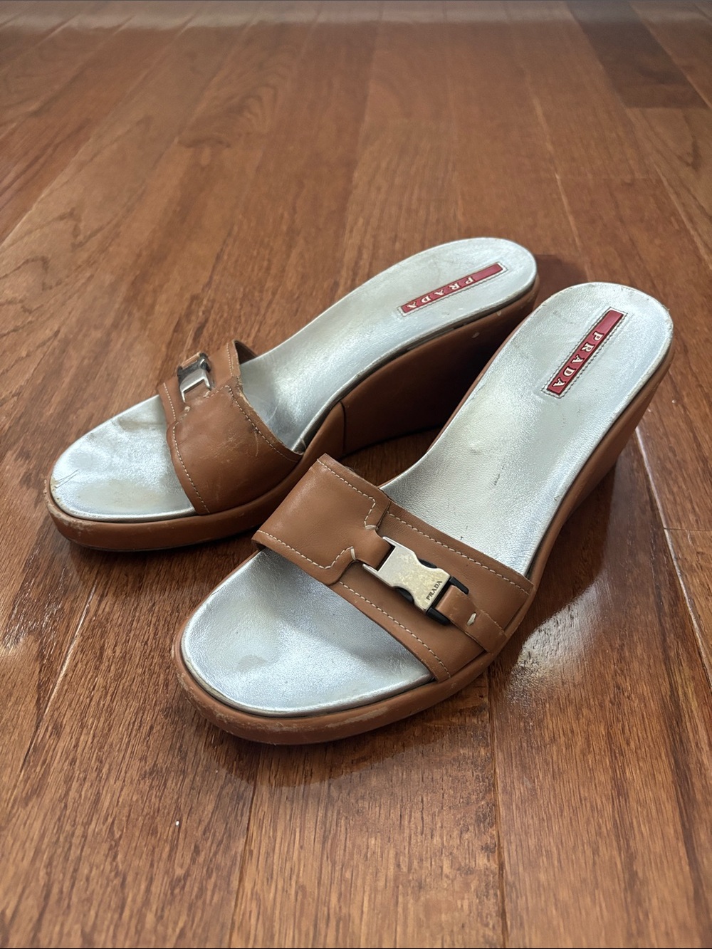 Prada authentic brown leather buckle wedges 7.5-8